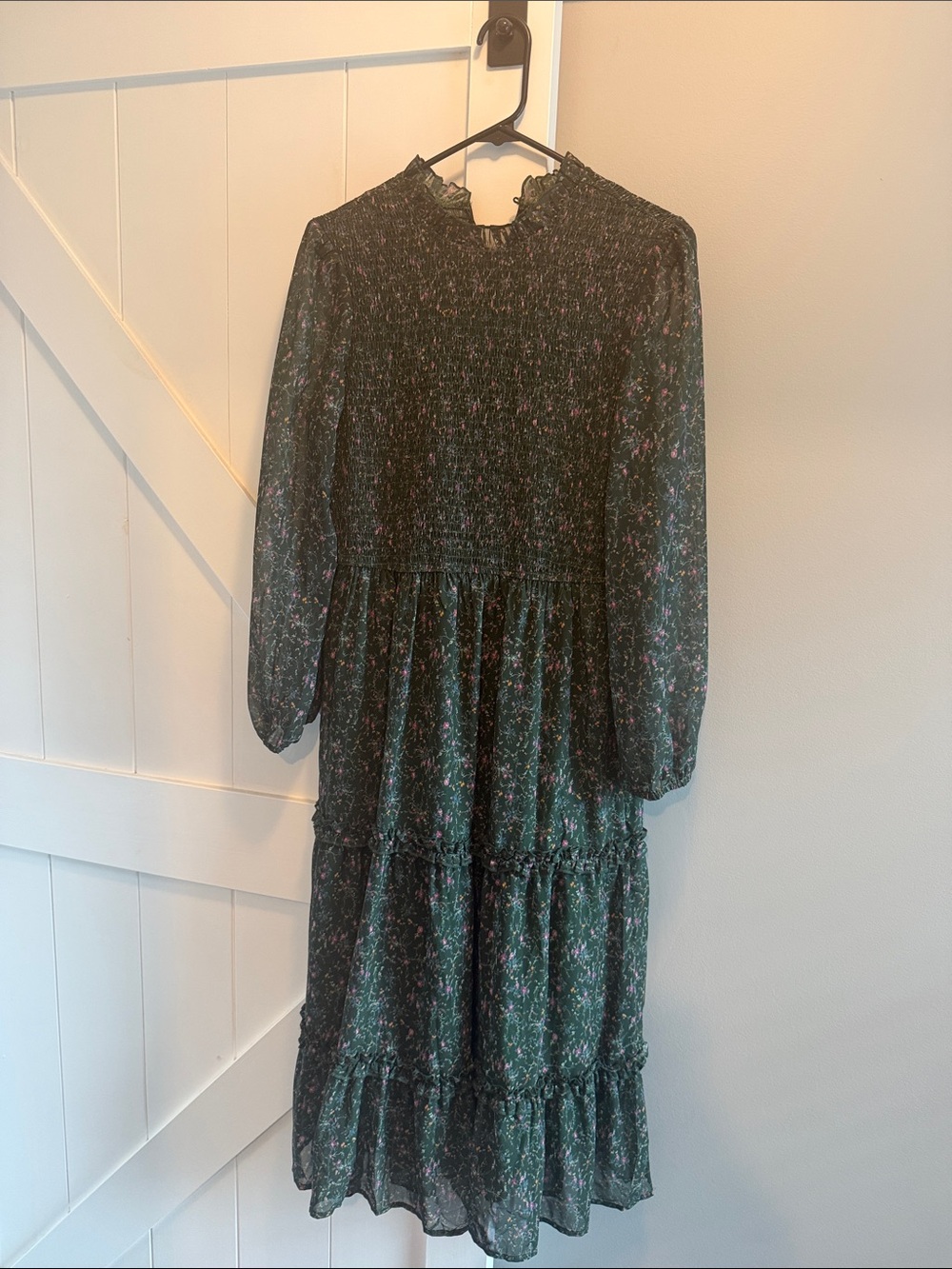 Petal & Pup Dark Green Floral Smocked Tiered Long Sleeve Midi Dress